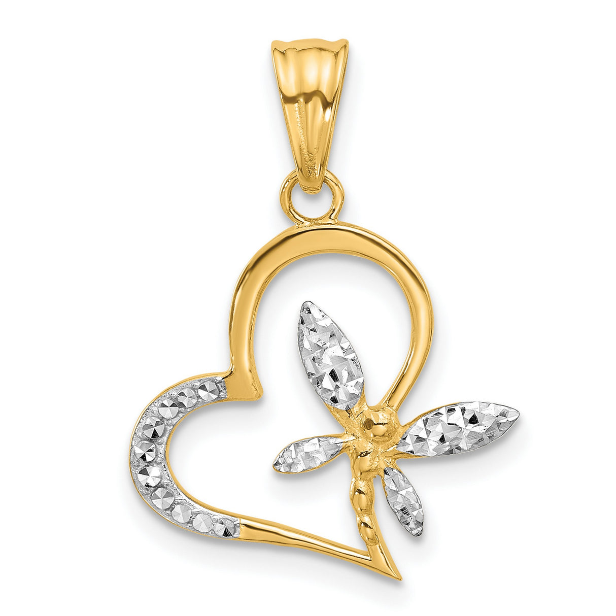 14k Two-Tone Gold Fairy Pendant with Textured Wings and Heart Charm, Whimsical Fantasy Jewelry