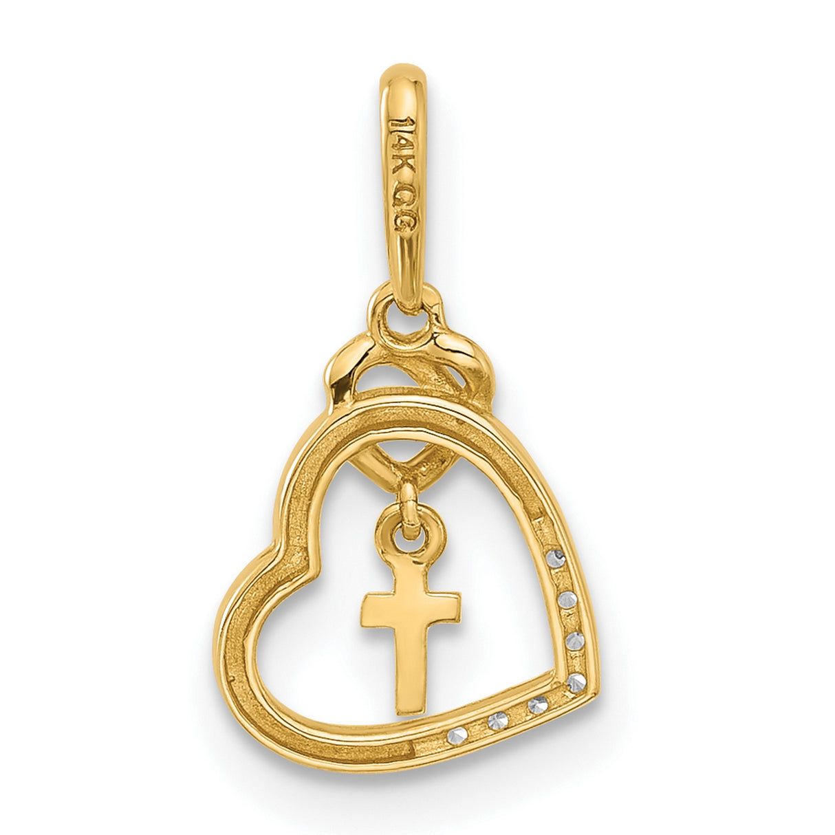 14k Yellow Gold Heart Cross Pendant with Cubic Zirconia, Twisted Ribbon Design