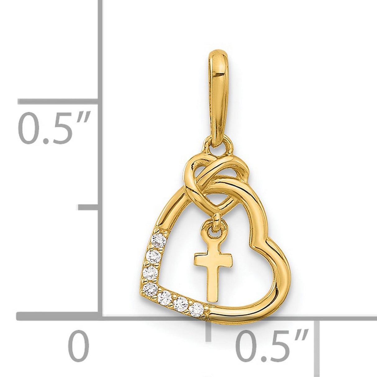 14k Yellow Gold Heart Cross Pendant with Cubic Zirconia, Twisted Ribbon Design