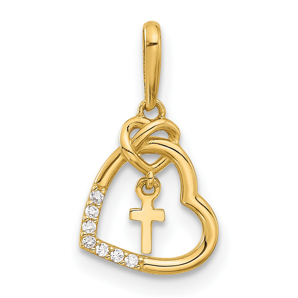 14k Yellow Gold Heart Cross Pendant with Cubic Zirconia, Twisted Ribbon Design