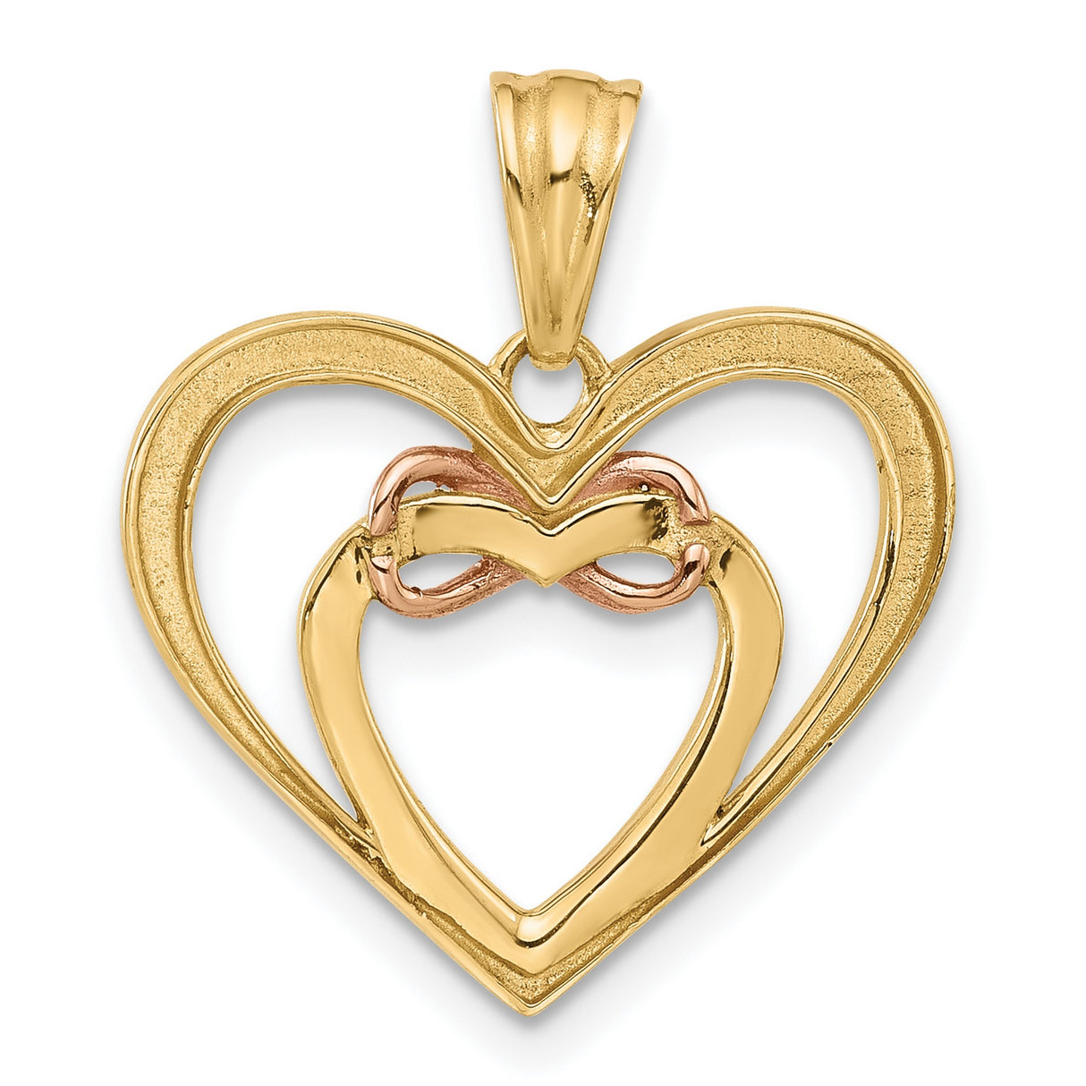 14k Two-Tone Gold Heart Pendant with Infinity Symbol and Diamond-Cut Inner Heart