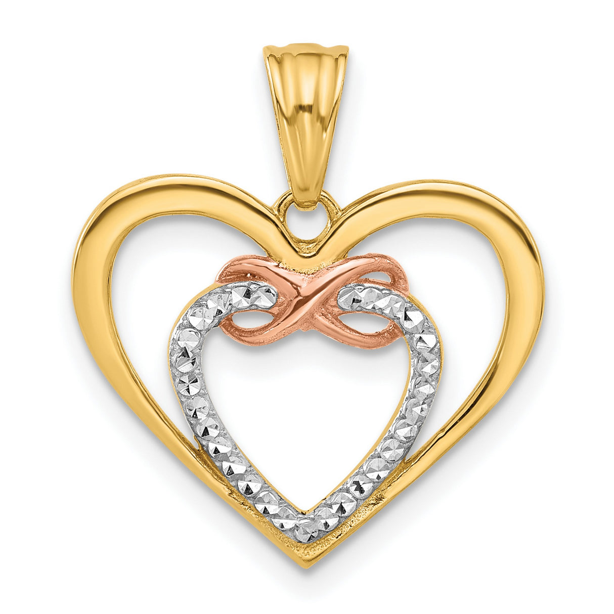 14k Two-Tone Gold Heart Pendant with Infinity Symbol and Diamond-Cut Inner Heart