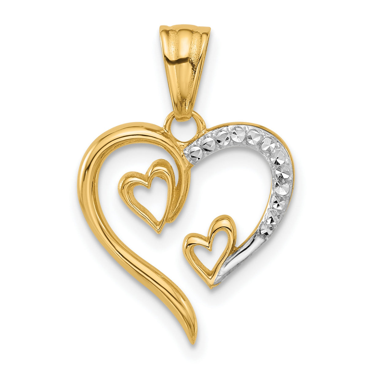 14k Multi-Tone Gold Heart Pendant with Three Interlocking Open Hearts, Symbolic of Love and Family