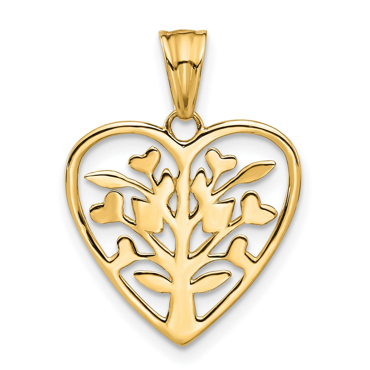 14k Tri-Tone Gold Tree of Life Pendant with Heart-Shaped Leaves and Rhodium Accents