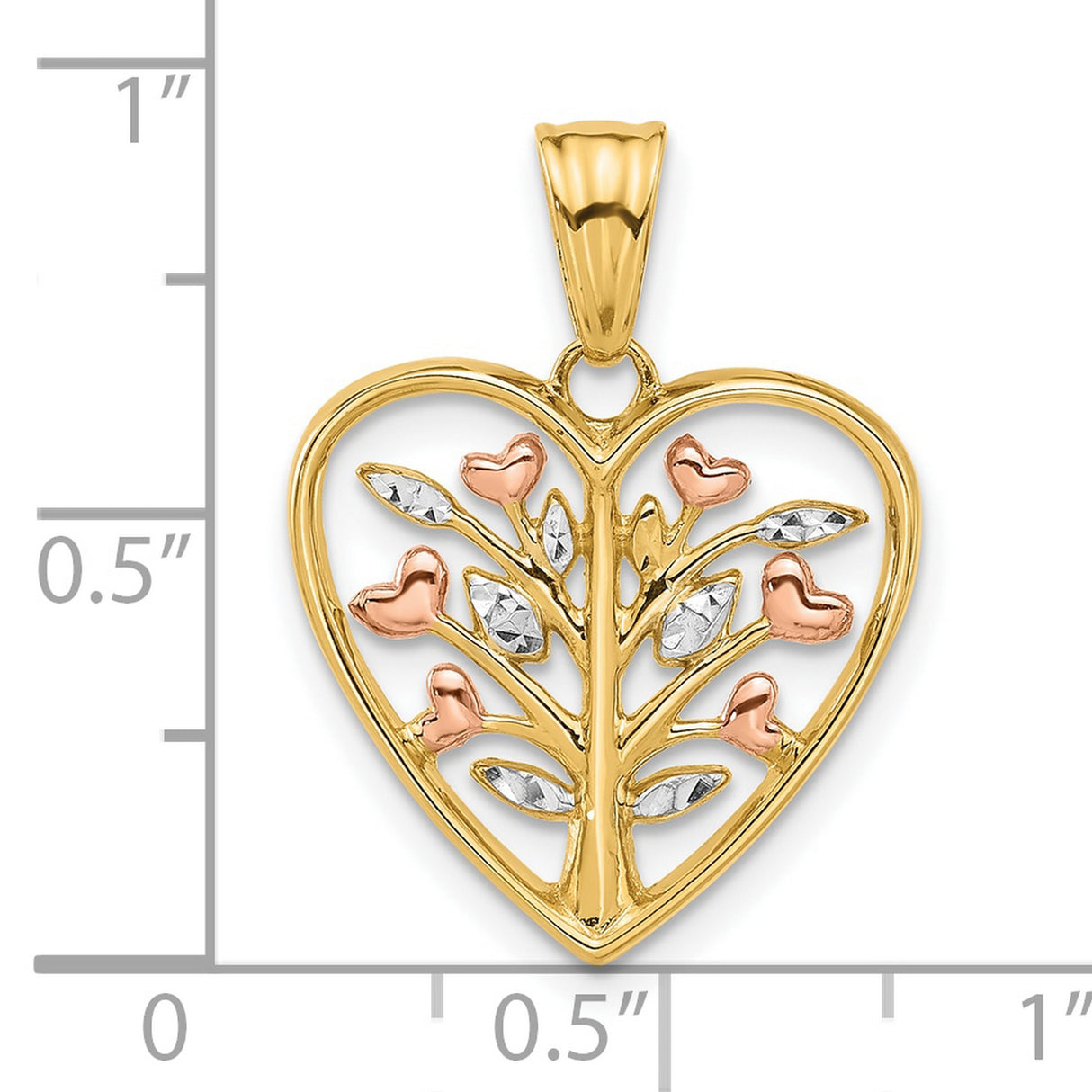 14k Tri-Tone Gold Tree of Life Pendant with Heart-Shaped Leaves and Rhodium Accents