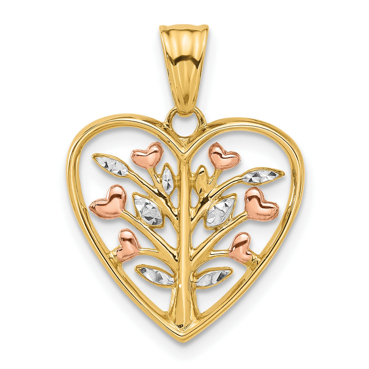 14k Tri-Tone Gold Tree of Life Pendant with Heart-Shaped Leaves and Rhodium Accents