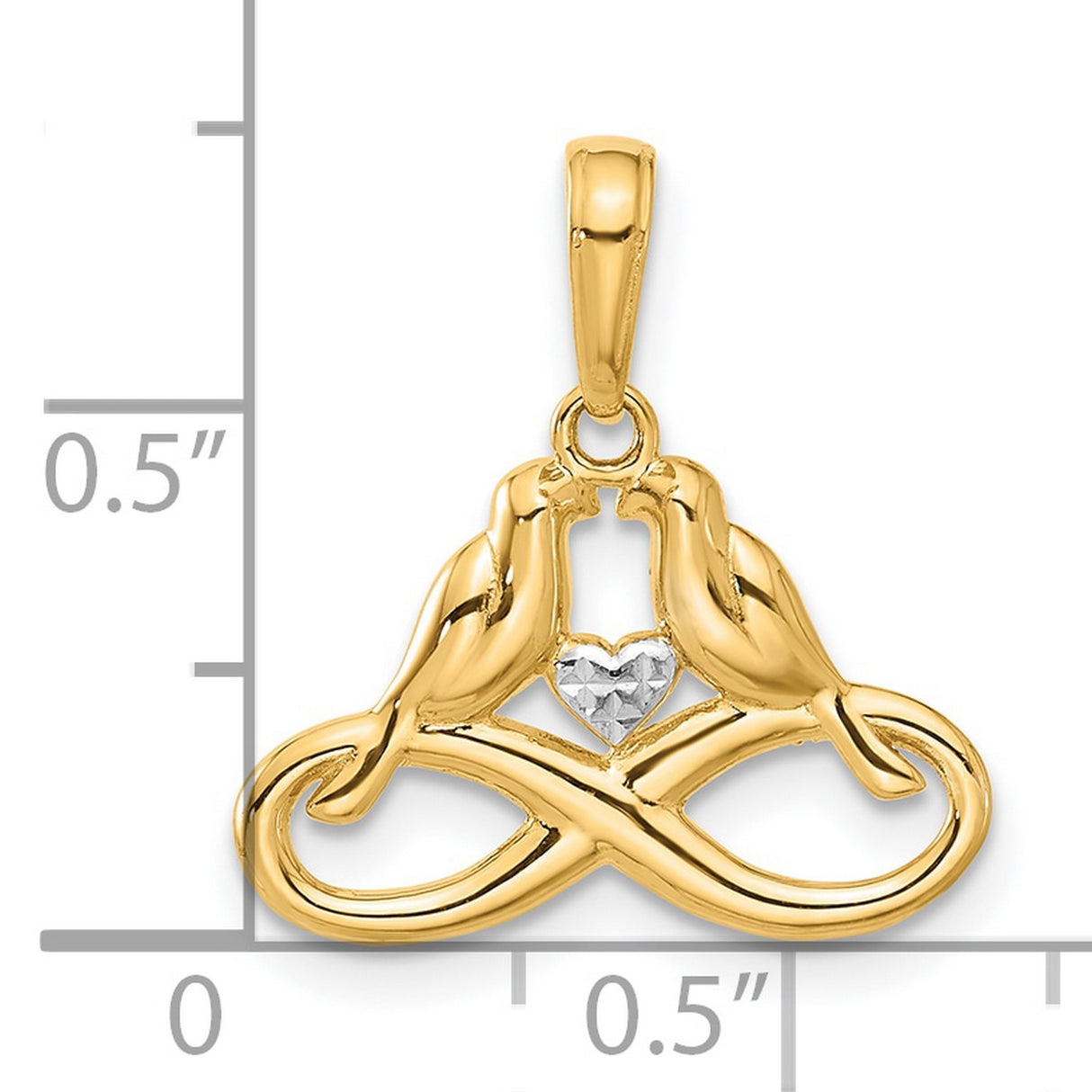 14k Multi-Tone Gold Infinity Pendant with Diamond-Cut Heart and Lovebirds Design