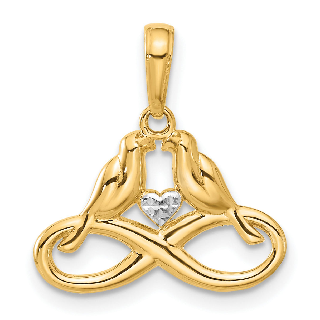 14k Multi-Tone Gold Infinity Pendant with Diamond-Cut Heart and Lovebirds Design