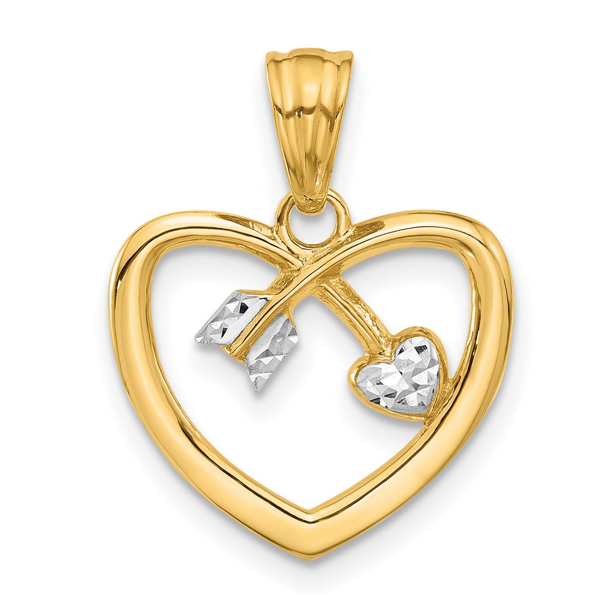 14k Multi-Tone Gold Heart Pendant with Arrow Design and Diamond Cut Detail