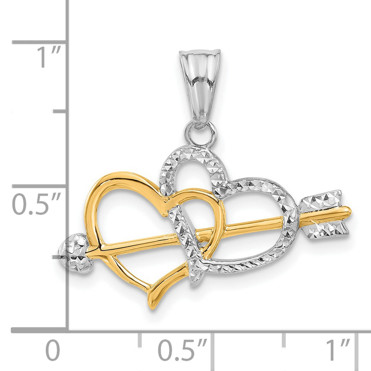 14k Yellow Gold Two-Tone Double Heart Pendant with Arrow, Interlocking Love Charm
