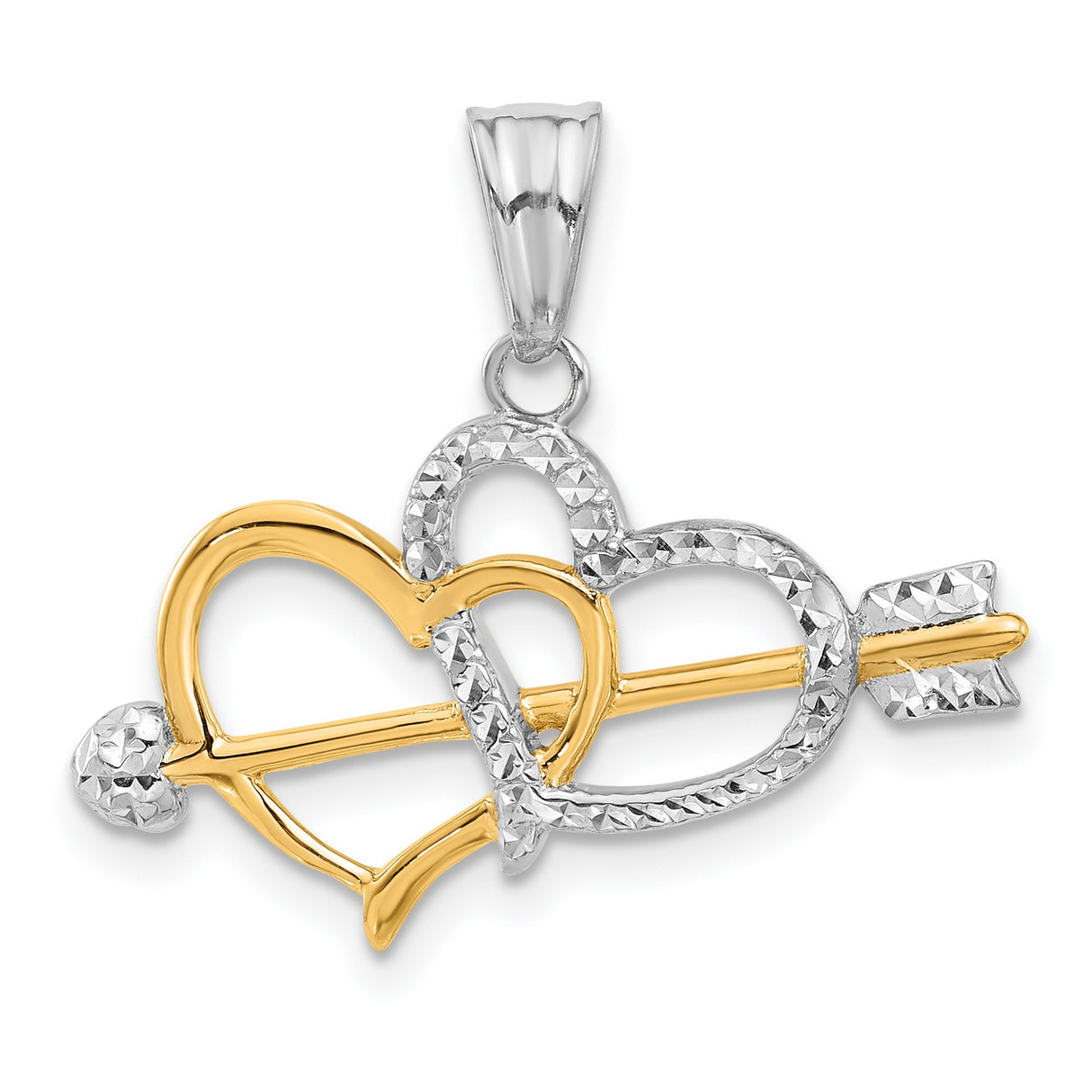 14k Yellow Gold Two-Tone Double Heart Pendant with Arrow, Interlocking Love Charm