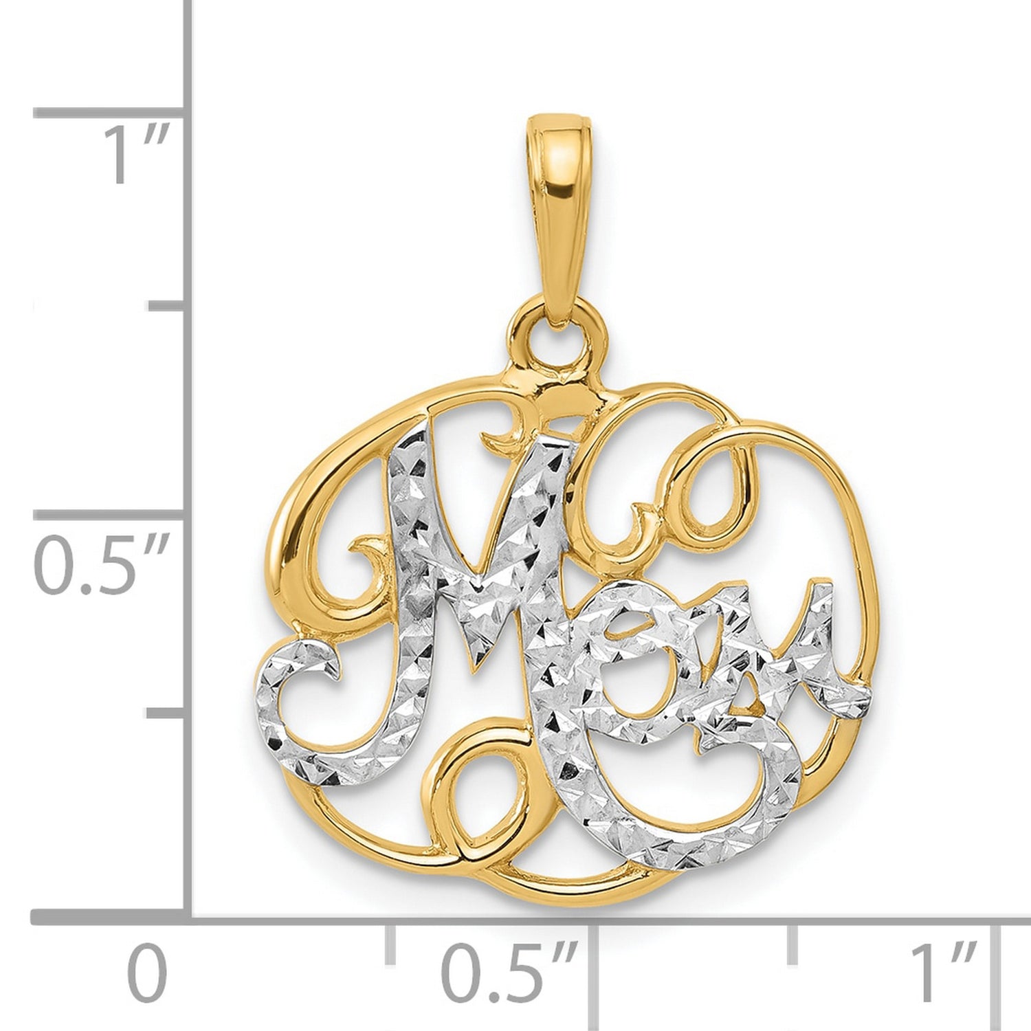 14k Multi-Tone Gold Mom Pendant with Diamond Cut Script and Textured Design for Women