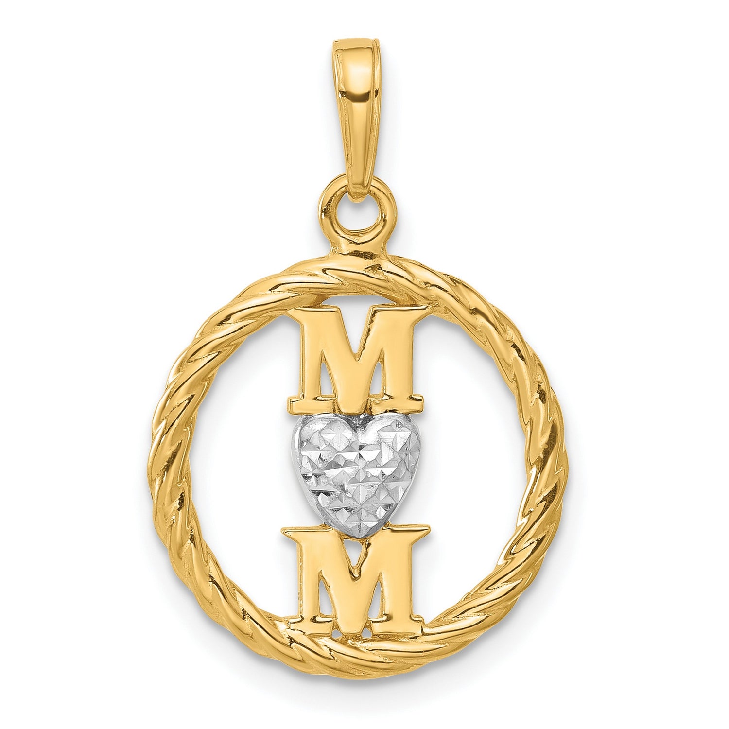 14k Two-Tone Gold Pendant with Double M Letters and Diamond-Cut Rhodium Heart Accent