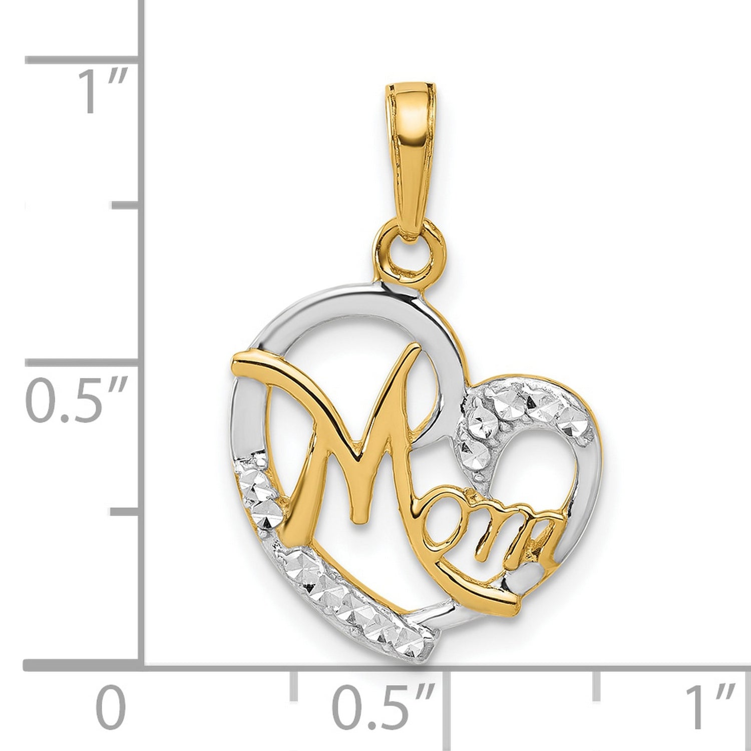 14k Two-Tone Gold Heart Pendant with Diamond-Cut Mom Script Design for Women