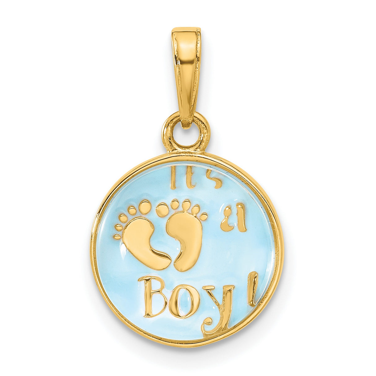 14k Yellow Gold Pendant with Blue Enamel Baby Footprints, Its a Boy Design for Women