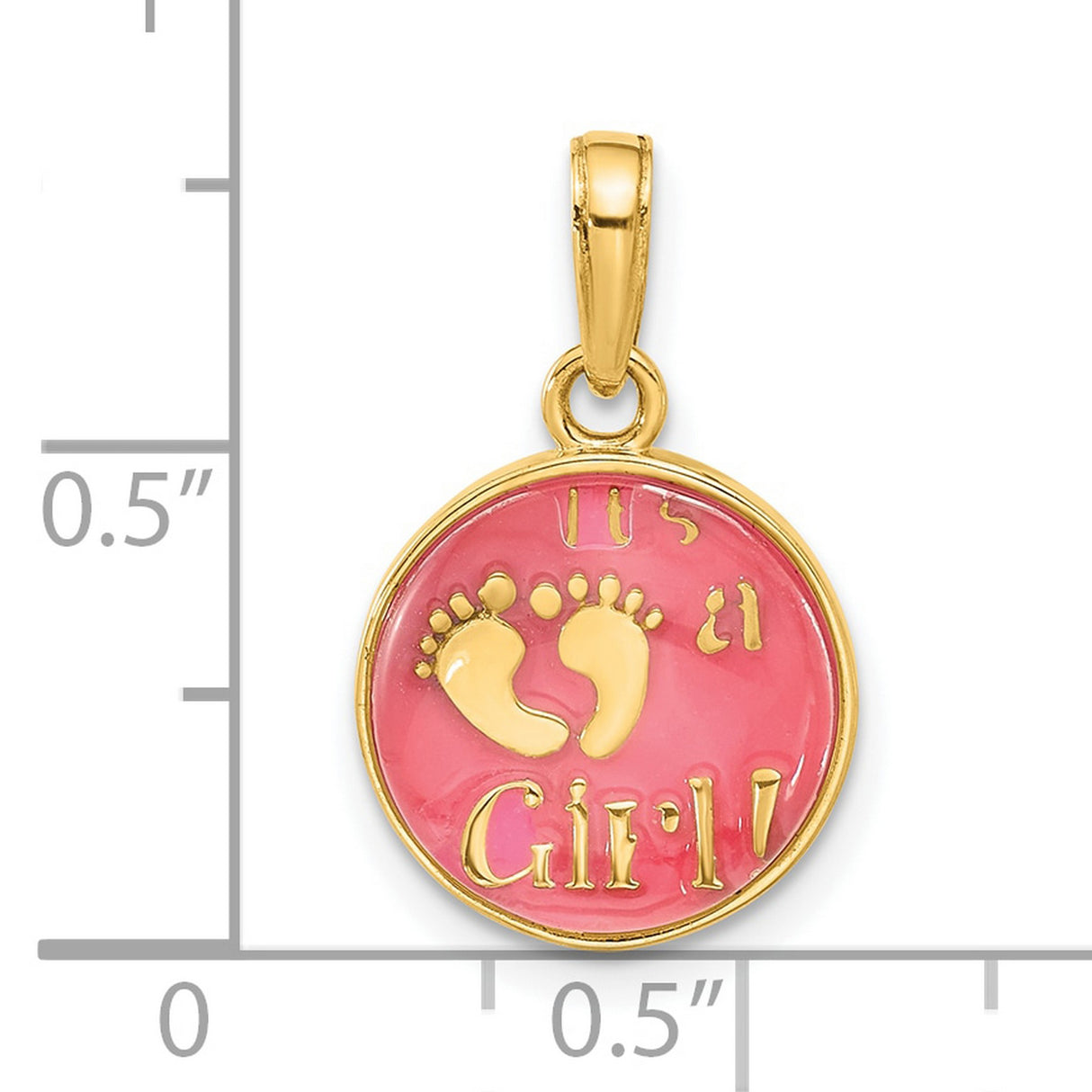 14k Yellow Gold Pendant, Pink Enamel Baby Footprint Design, Its a Girl Charm for Moms