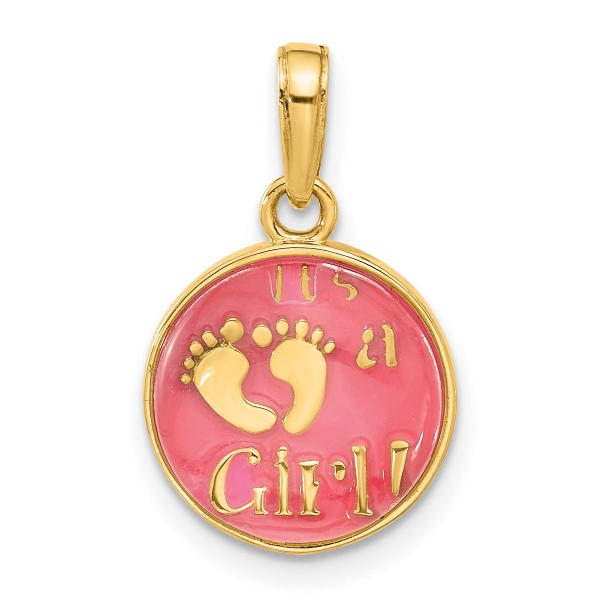 14k Yellow Gold Pendant, Pink Enamel Baby Footprint Design, Its a Girl Charm for Moms