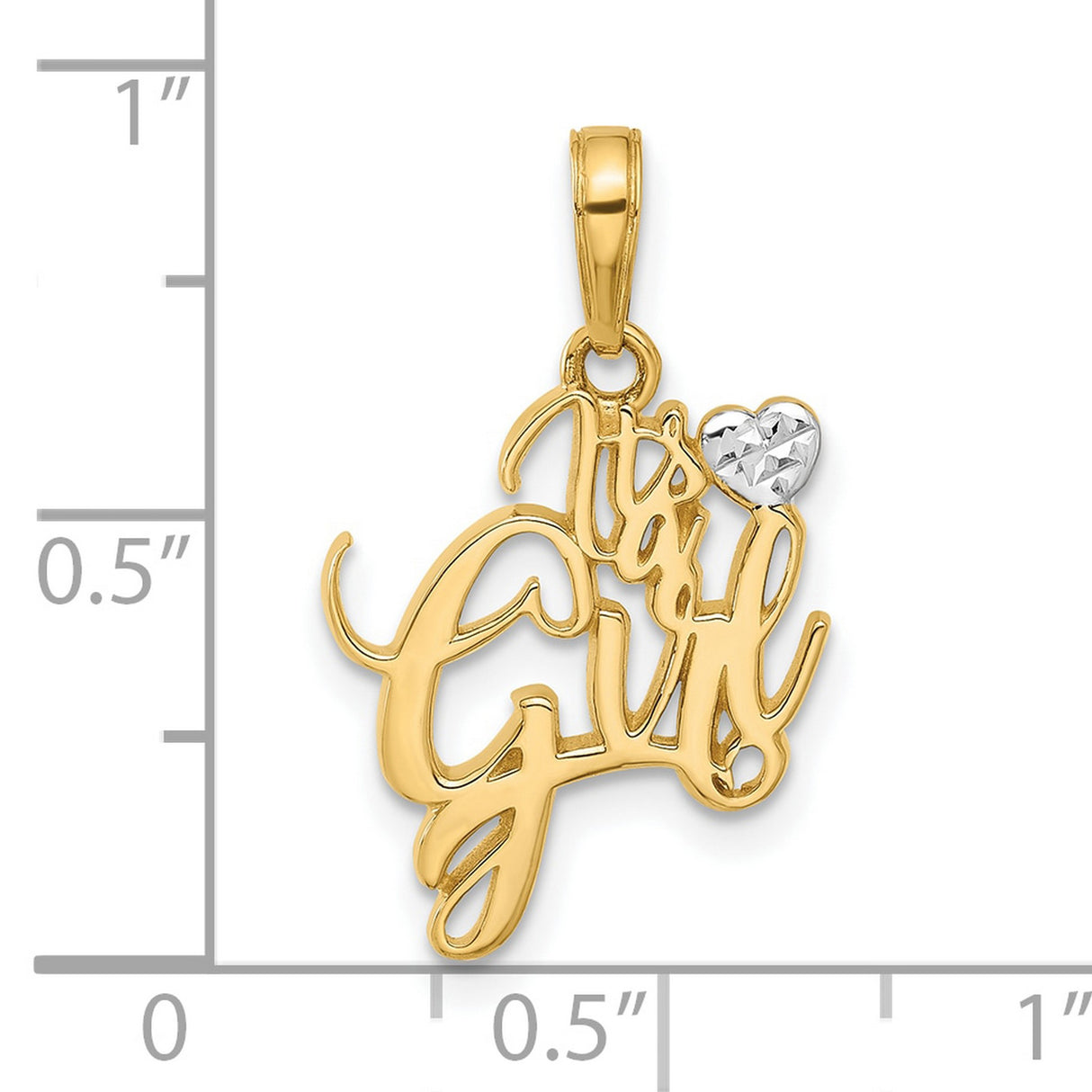 14k Yellow Gold and Rhodium Pendant with White Heart Accent, Its a Girl Script Charm