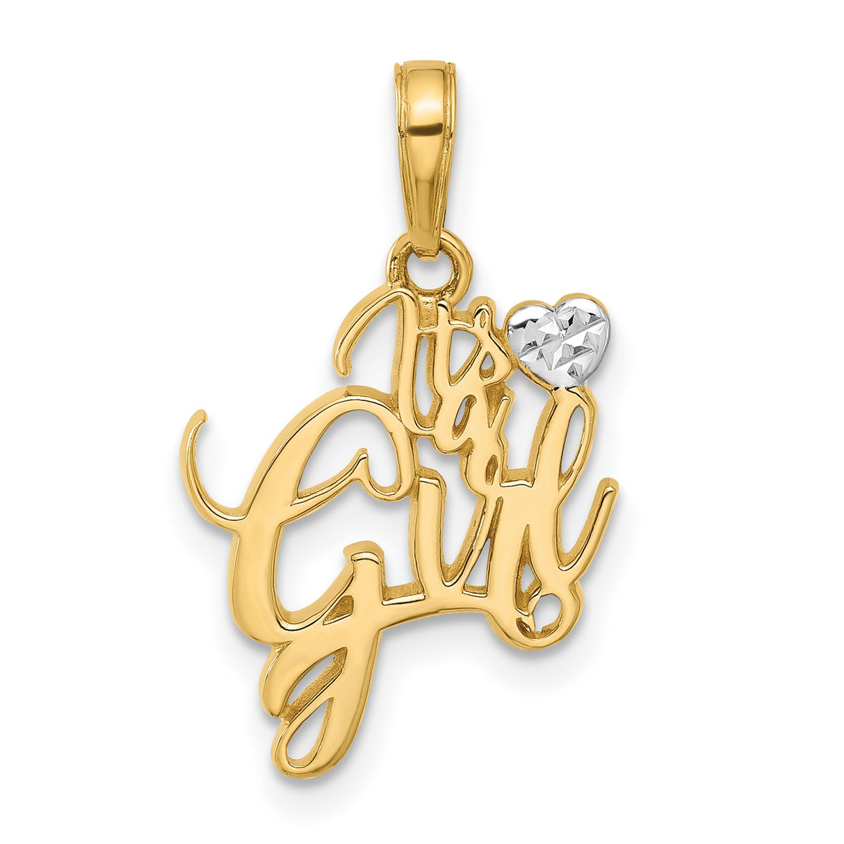 14k Yellow Gold and Rhodium Pendant with White Heart Accent, Its a Girl Script Charm