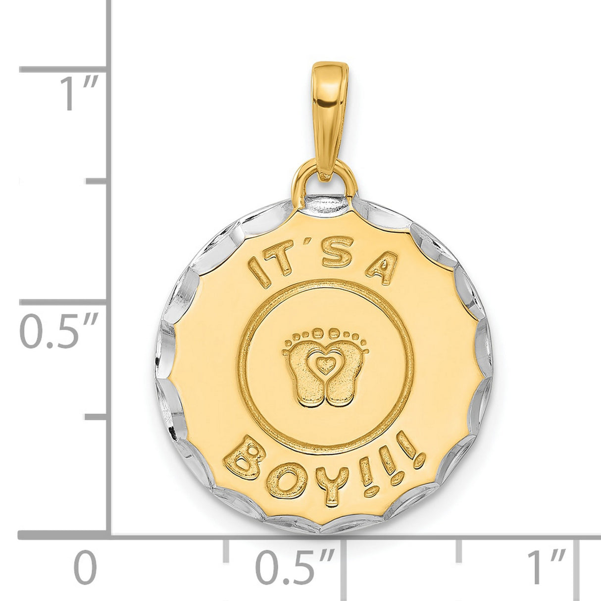 14k Multi-Tone Gold Round Pendant with Baby Footprints, Heart, and Its a Boy Charm