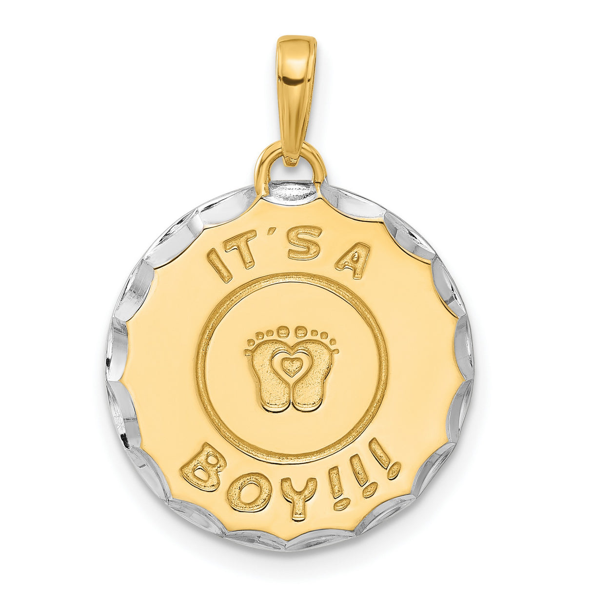 14k Multi-Tone Gold Round Pendant with Baby Footprints, Heart, and Its a Boy Charm