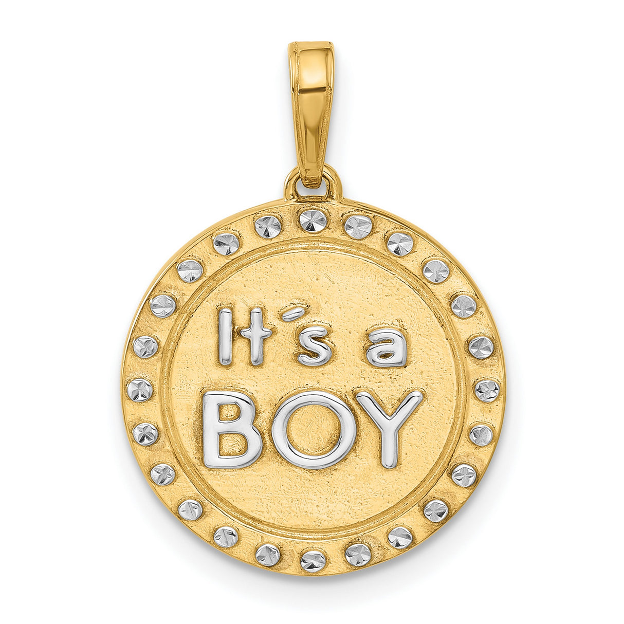 14k Multi-Tone Gold Its a Boy Pendant with Diamond-Cut Border and Rhodium Accent