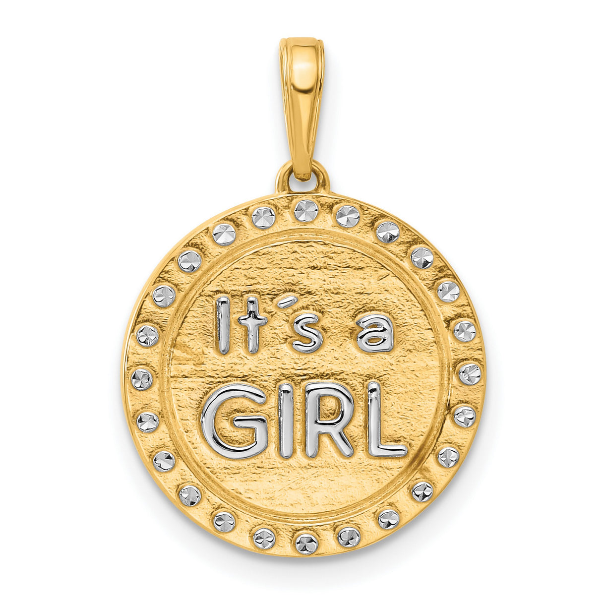 14k Yellow Gold and Rhodium Pendant, Its a Girl Text, Baby Girl Keepsake for Women