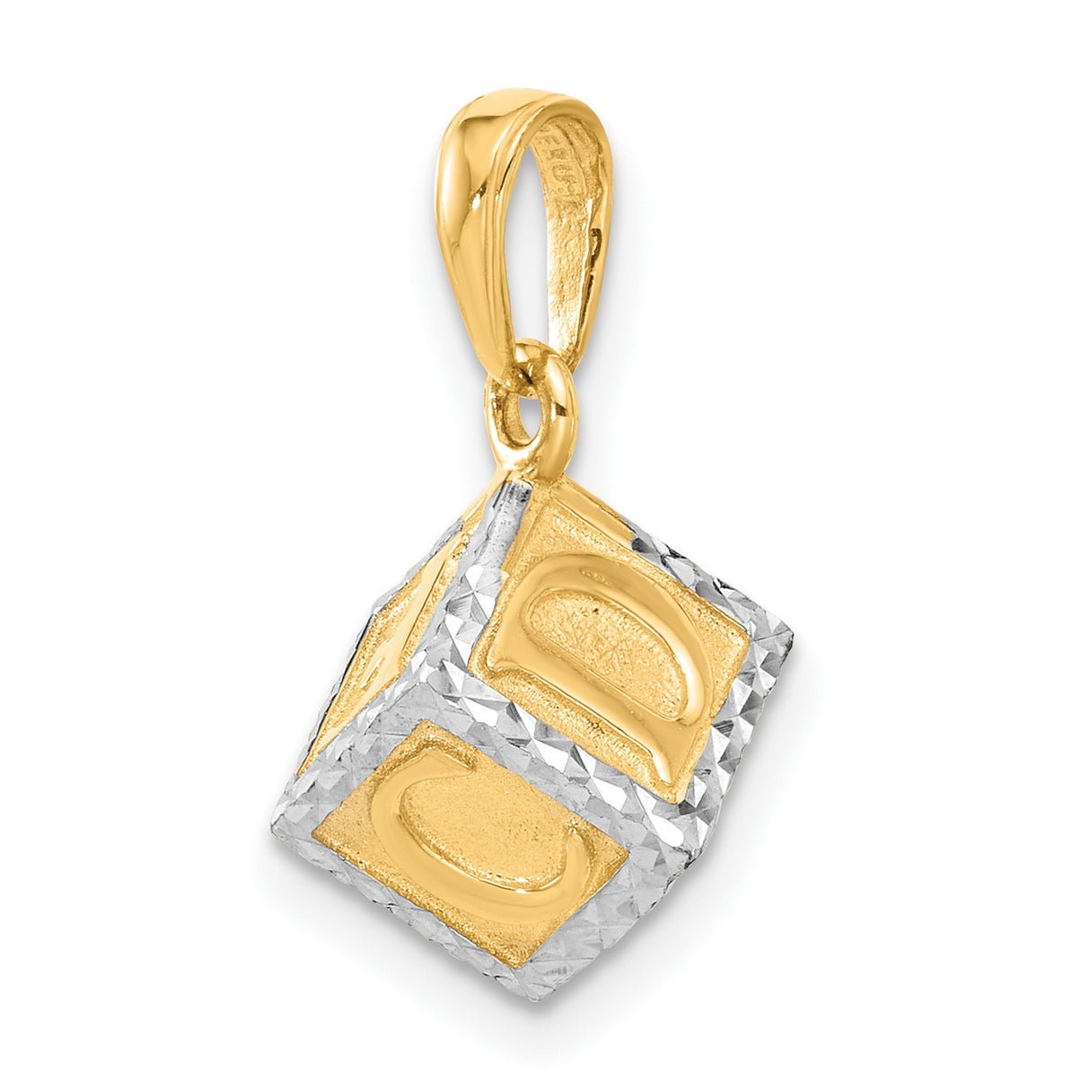 14k Yellow Gold and Rhodium Baby Block Pendant with Diamond Cut Letters, Motherhood Keepsake Charm