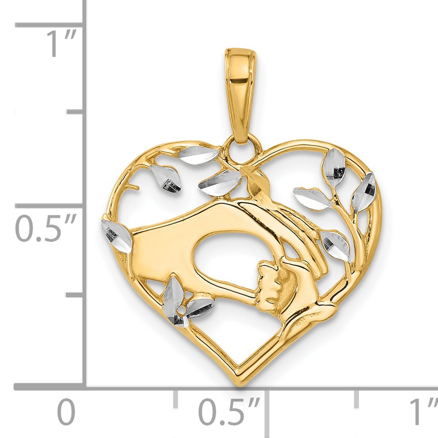 14k Multi-Tone Gold Heart Pendant with Openwork Hand in Heart and Leaf Design