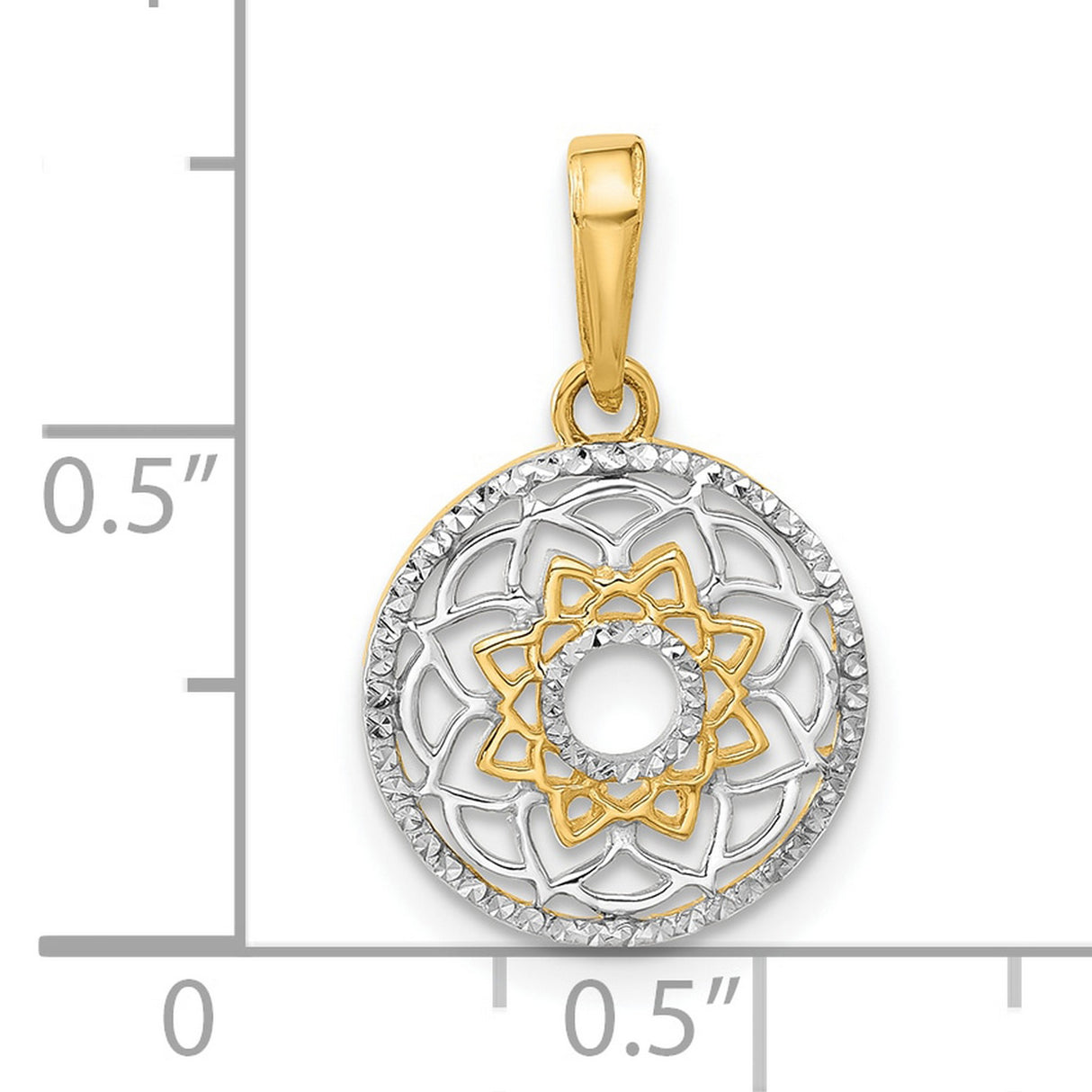 14k Yellow Gold and Rhodium-Plated Mandala Pendant, Geometric Floral Yoga Jewelry