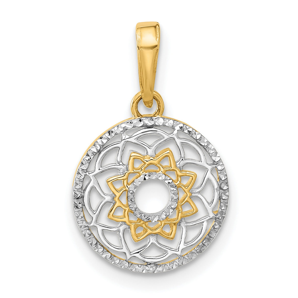 14k Yellow Gold and Rhodium-Plated Mandala Pendant, Geometric Floral Yoga Jewelry