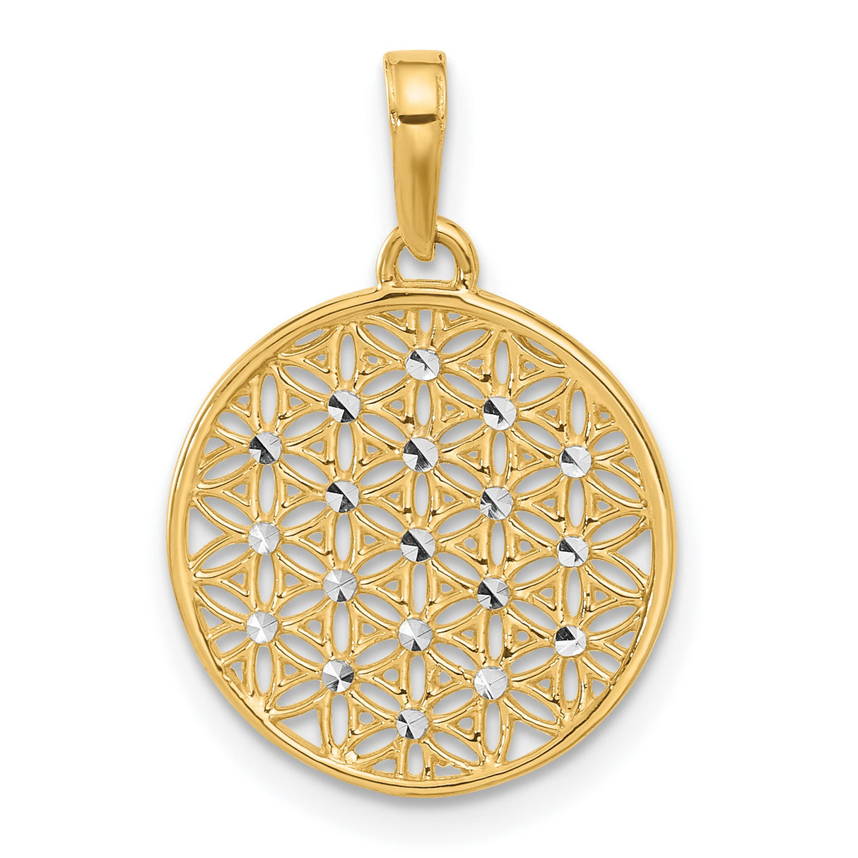 14k Two-Tone Gold Pendant, Flower of Life Design with Diamond Cut Accents, Geometric Spiritual Jewelry