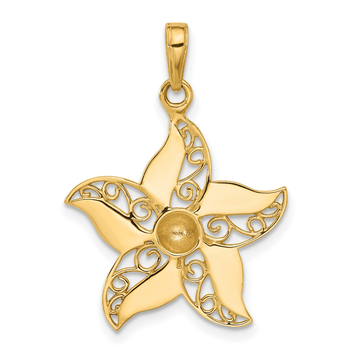 14k Yellow Gold and Rhodium Flower Pendant with Five Petal Filigree Design for Women