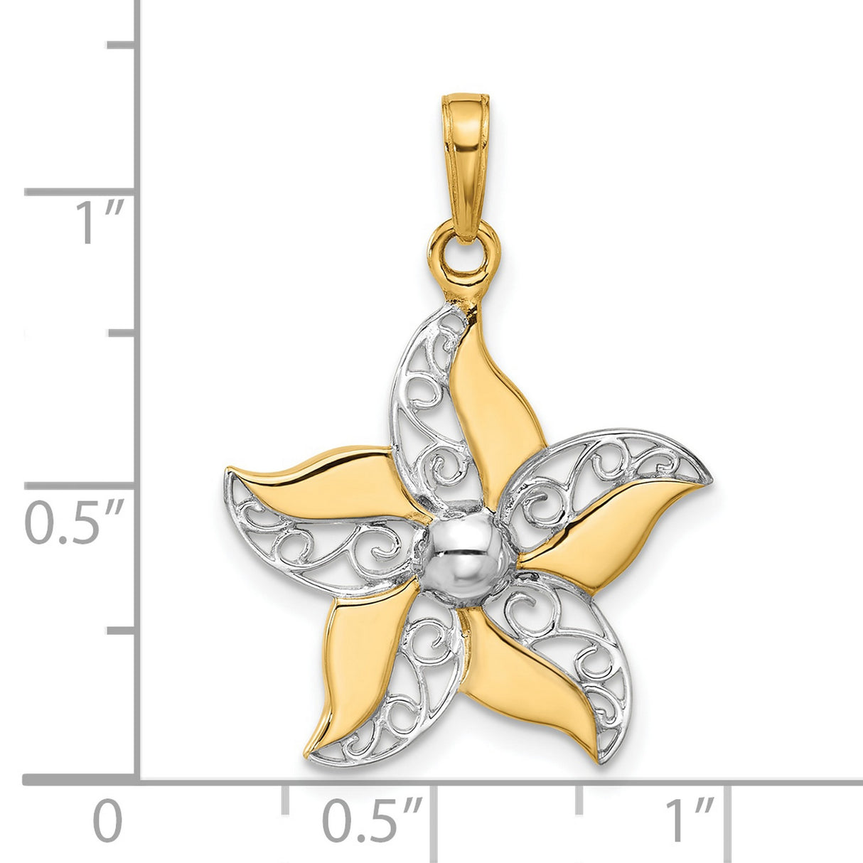 14k Yellow Gold and Rhodium Flower Pendant with Five Petal Filigree Design for Women