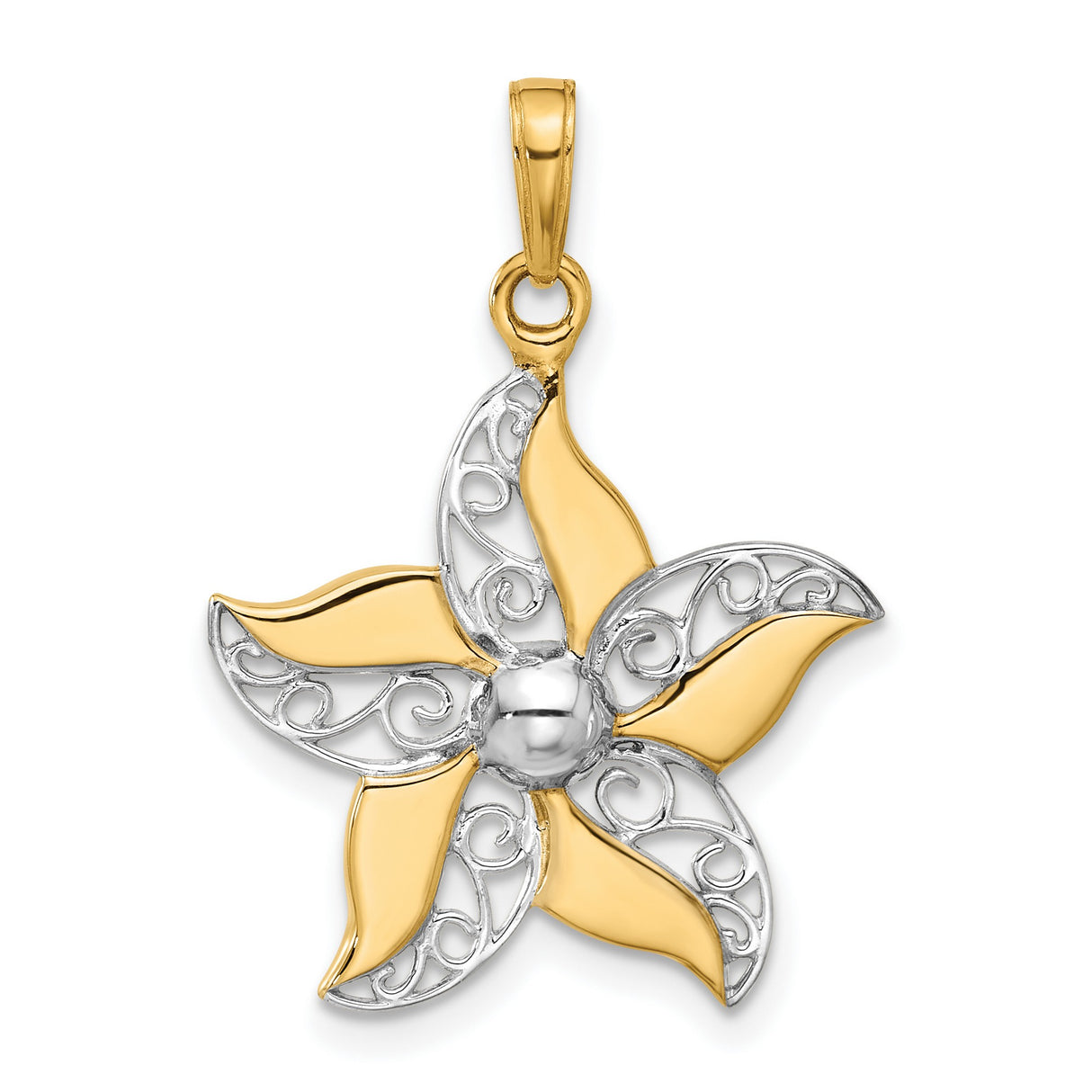 14k Yellow Gold and Rhodium Flower Pendant with Five Petal Filigree Design for Women