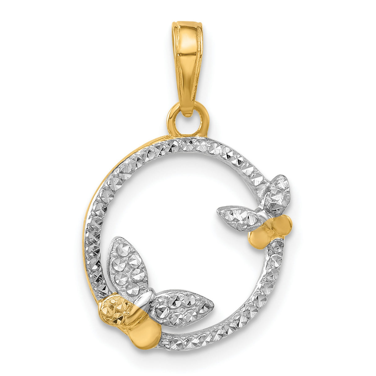 14k Two-Tone Gold Butterfly Circle Pendant with Textured Detailing for Women
