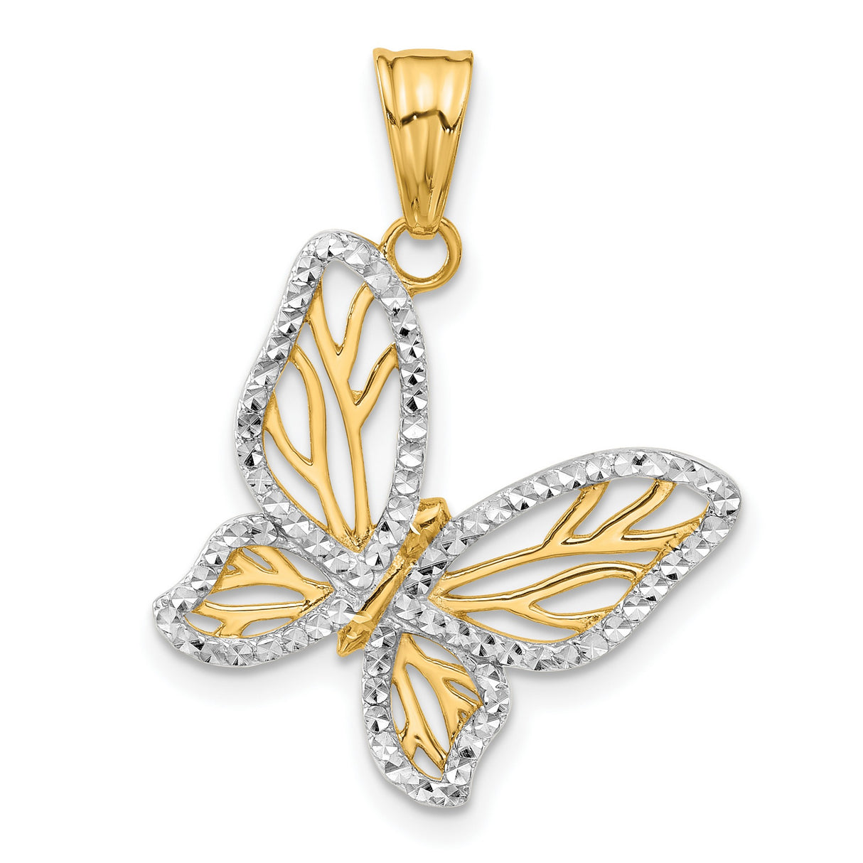 14k Two-Tone Gold Butterfly Pendant with Openwork Wings and Diamond-Cut Edges