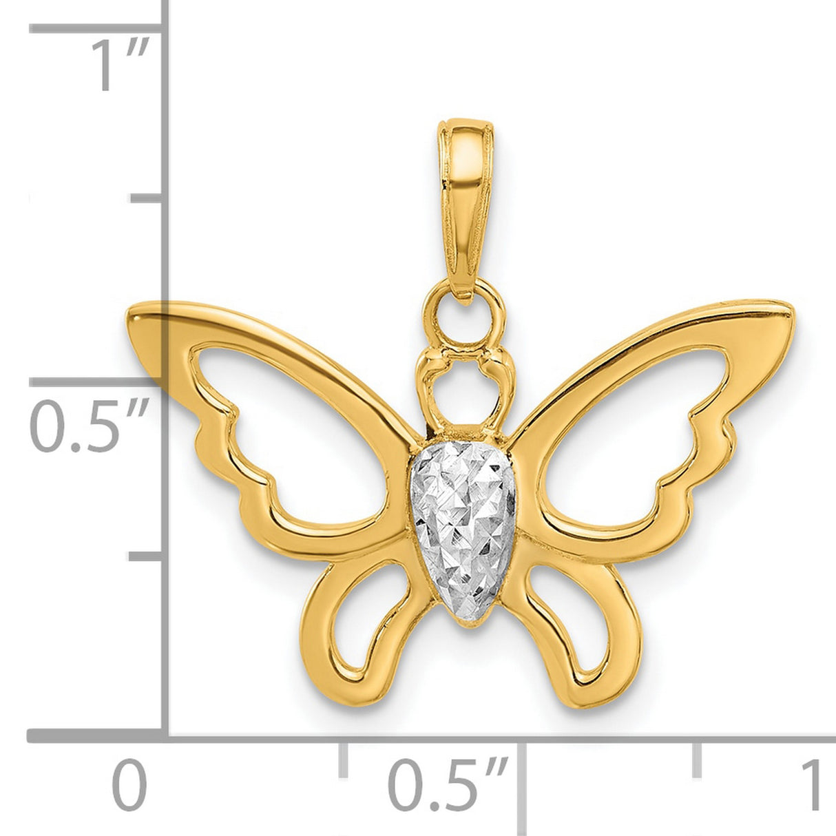 14k Multi-Tone Gold Butterfly Pendant with Textured Rhodium Center and Openwork Wings