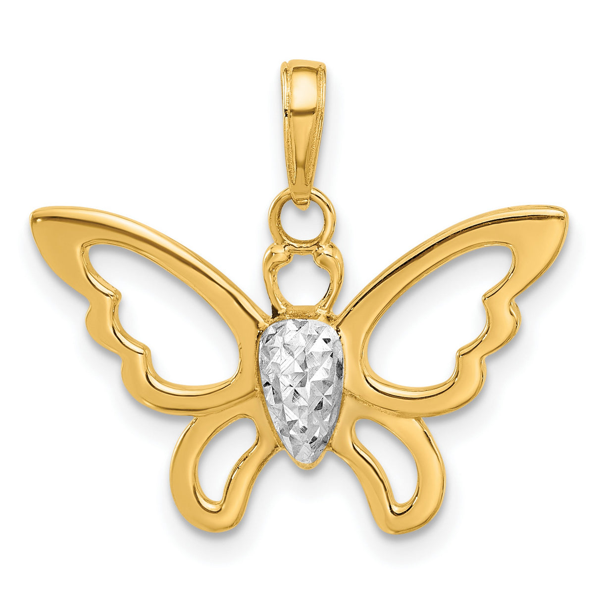 14k Multi-Tone Gold Butterfly Pendant with Textured Rhodium Center and Openwork Wings