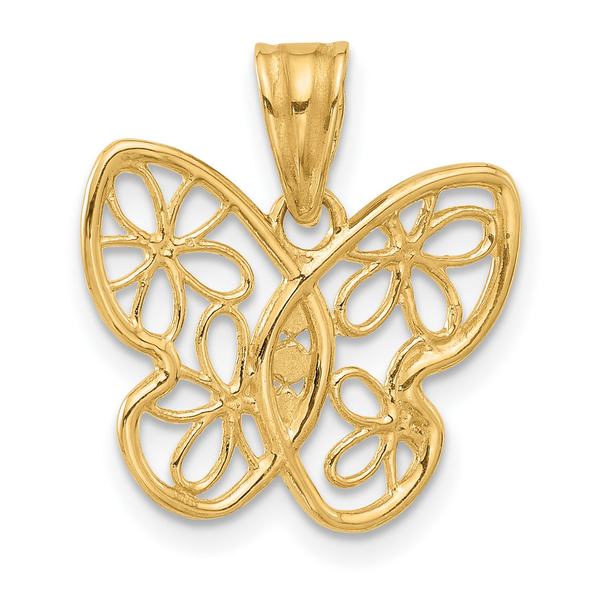 14k Multi-Tone Gold Butterfly Pendant with Open Filigree Wings and Floral Accents