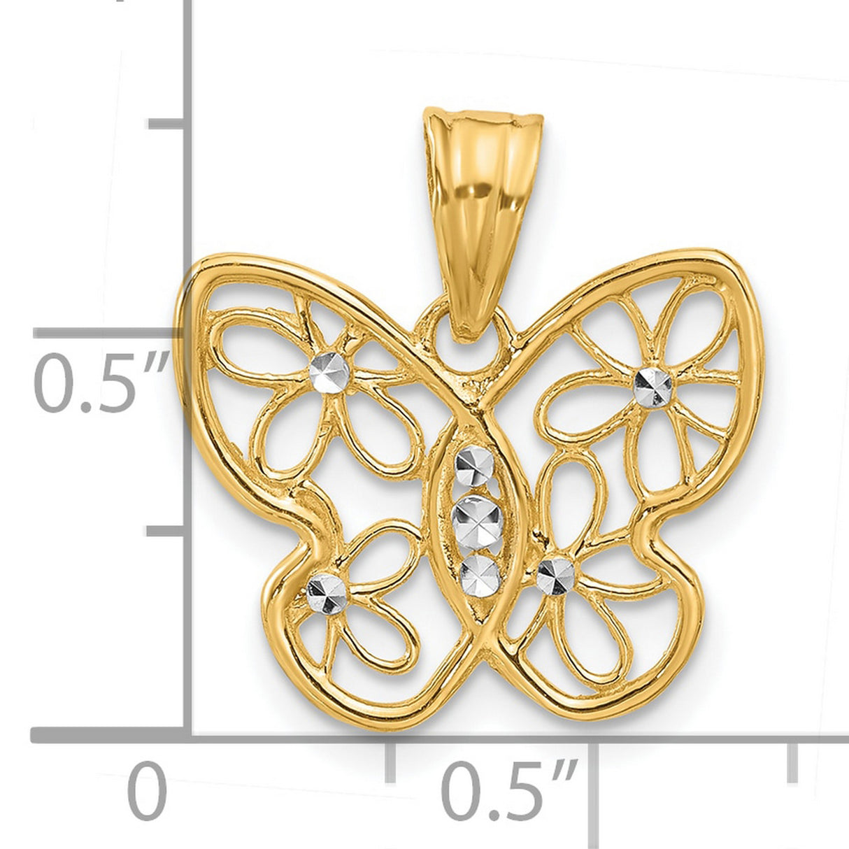 14k Multi-Tone Gold Butterfly Pendant with Open Filigree Wings and Floral Accents