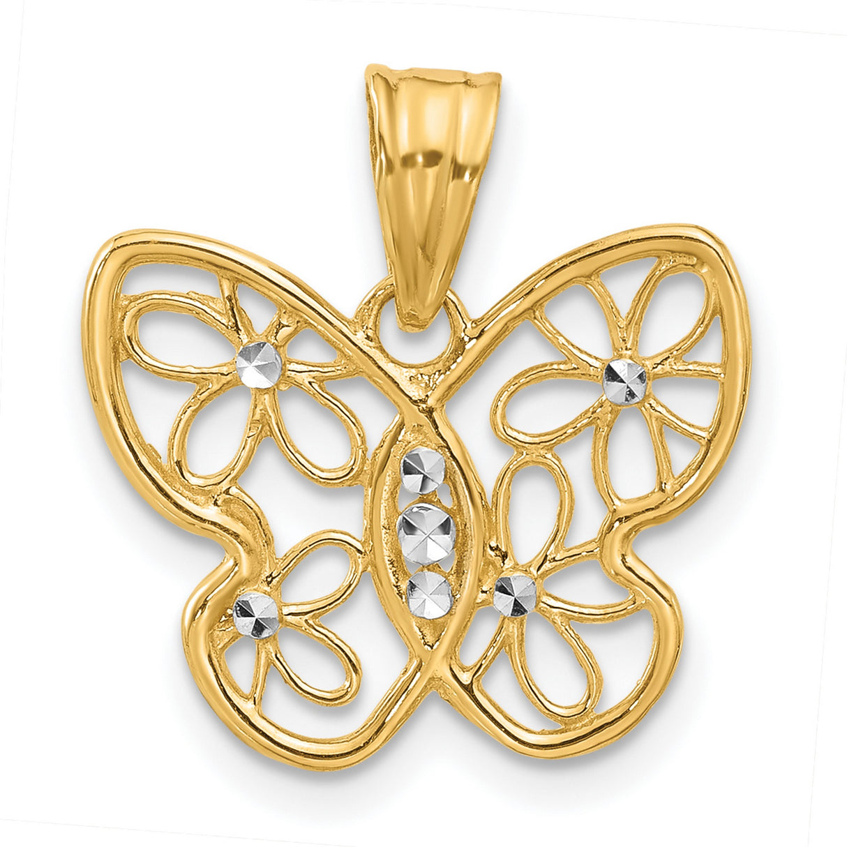 14k Multi-Tone Gold Butterfly Pendant with Open Filigree Wings and Floral Accents
