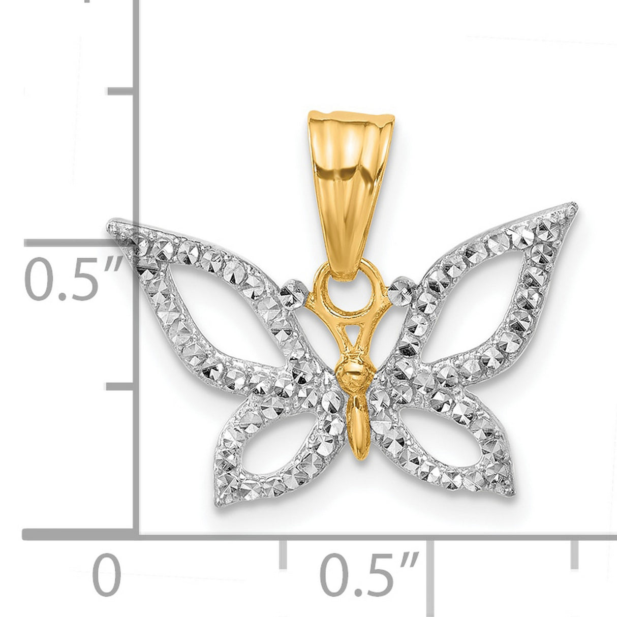 14k Two-Tone Gold Butterfly Pendant with Diamond-Cut Texture and Filigree Wings