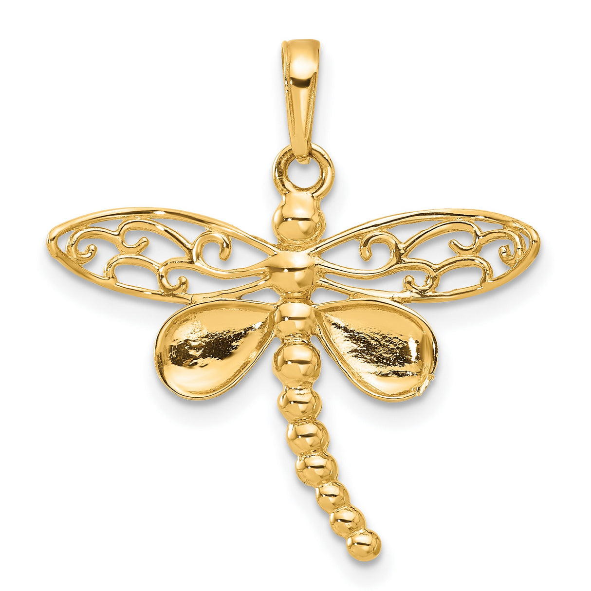 14k Multi-Tone Gold Dragonfly Pendant with Filigree Wings and Rhodium Accents