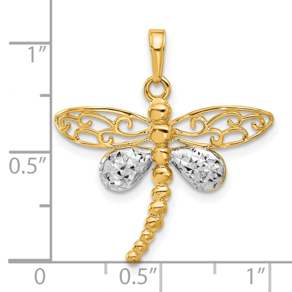 14k Multi-Tone Gold Dragonfly Pendant with Filigree Wings and Rhodium Accents