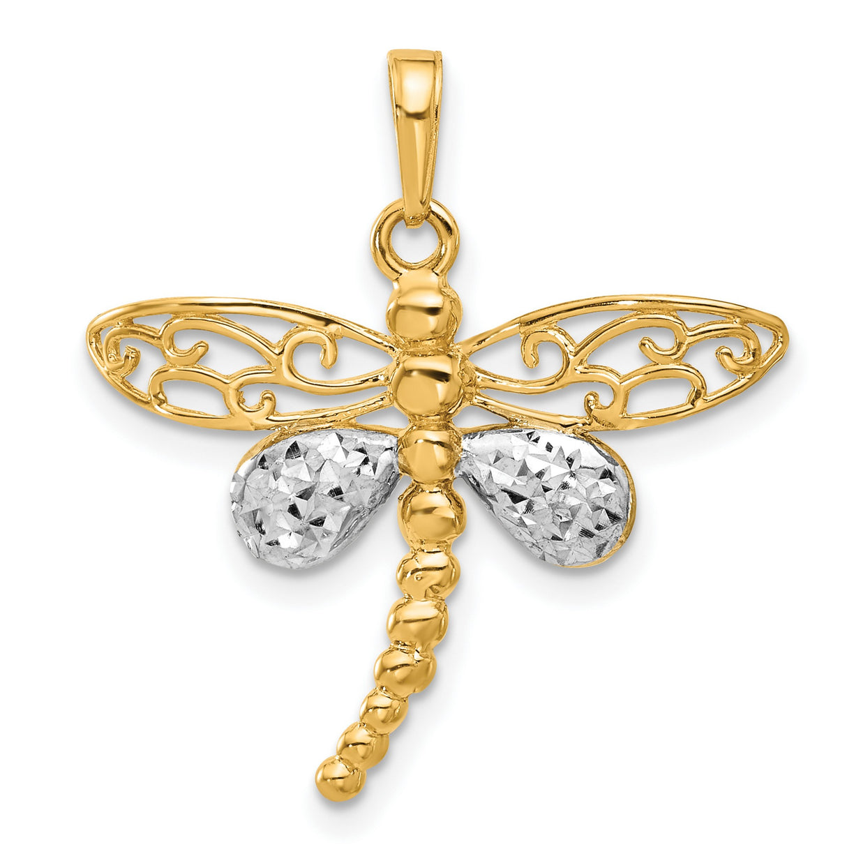 14k Multi-Tone Gold Dragonfly Pendant with Filigree Wings and Rhodium Accents