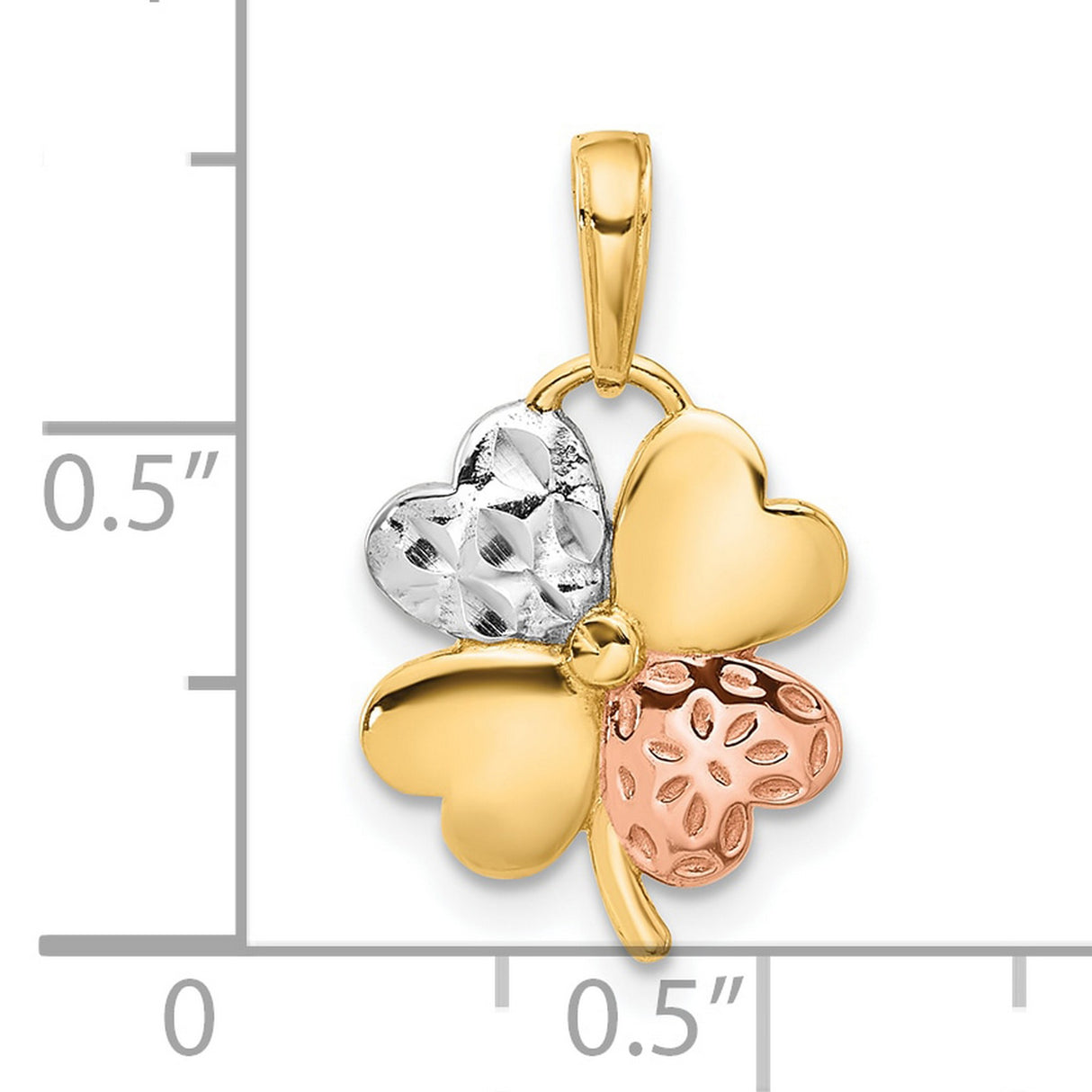 14k Tri-Tone Gold Four Leaf Clover Pendant, Heart Shaped Lucky Charm for Women