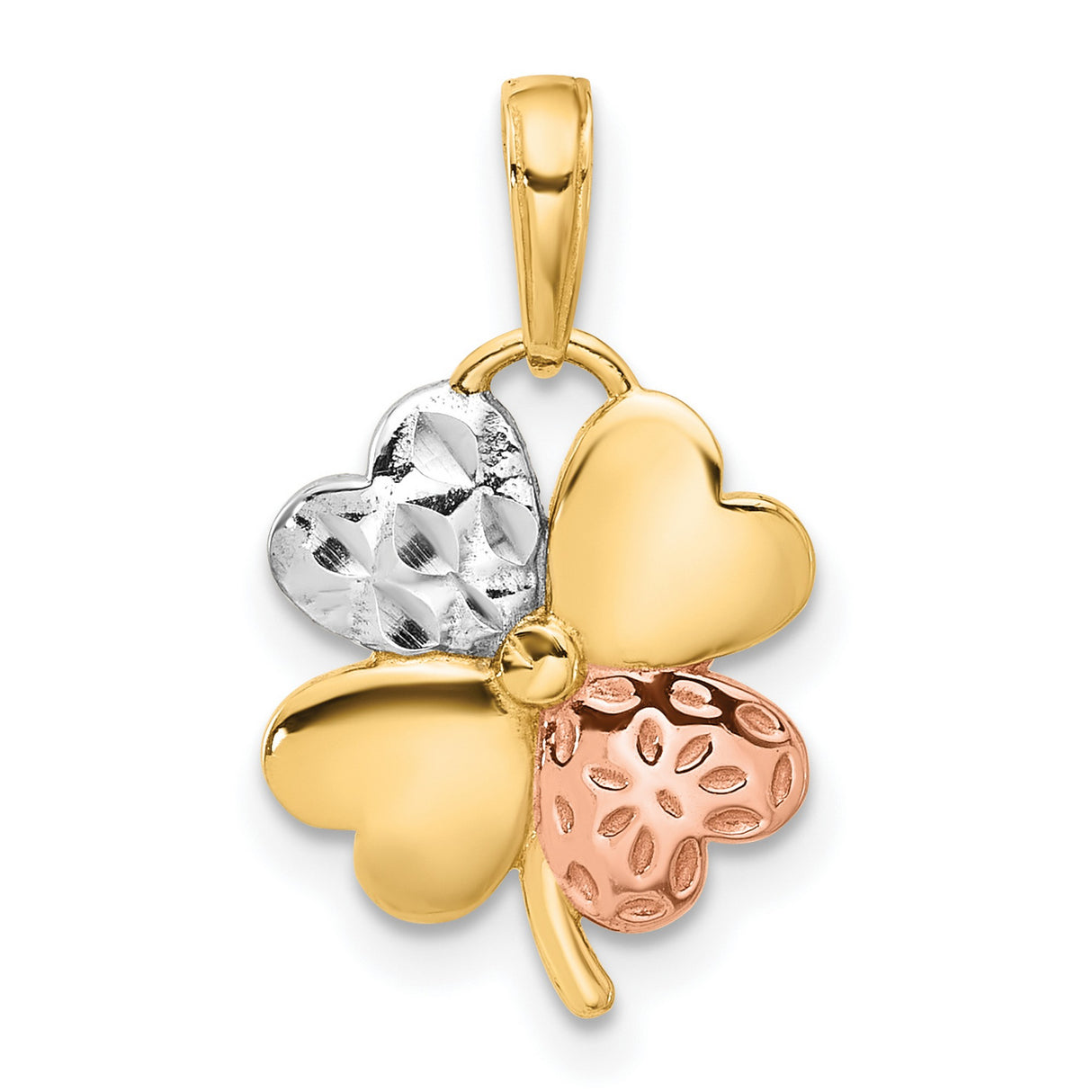 14k Tri-Tone Gold Four Leaf Clover Pendant, Heart Shaped Lucky Charm for Women