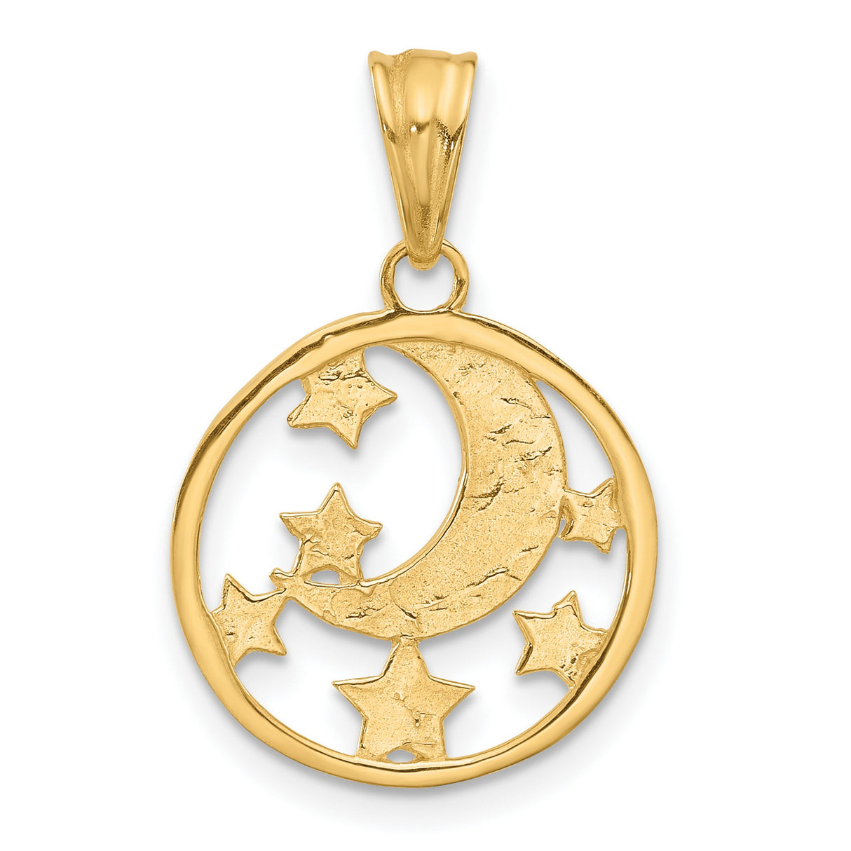 14k Multi-Tone Gold Moon and Stars Pendant with Textured Crescent and Diamond-Cut Stars
