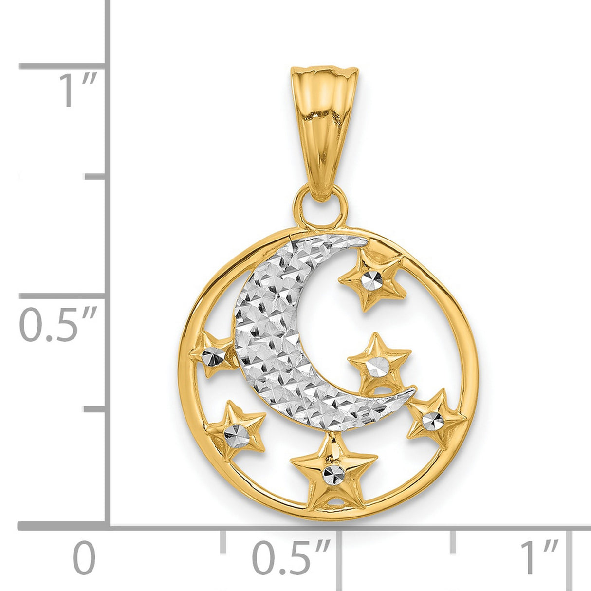 14k Multi-Tone Gold Moon and Stars Pendant with Textured Crescent and Diamond-Cut Stars